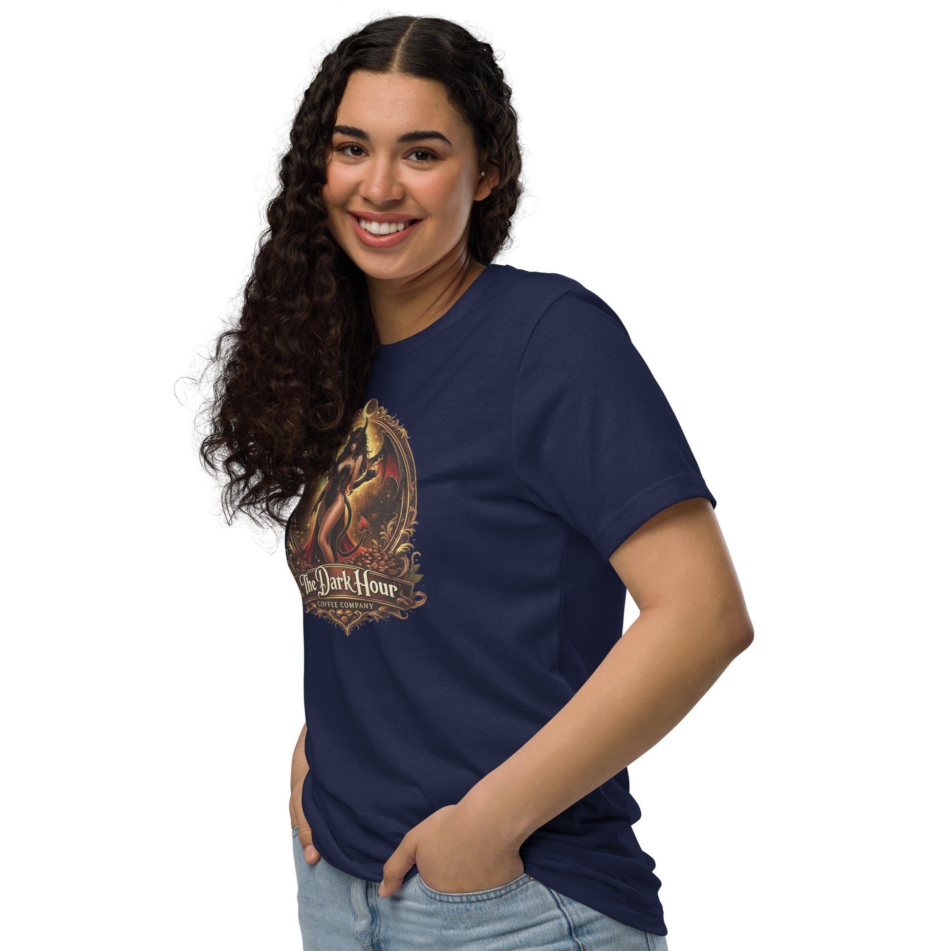 Navy Unisex Staple Eco T-shirt from The Dark Hour Coffee Company, shown from the front left side.