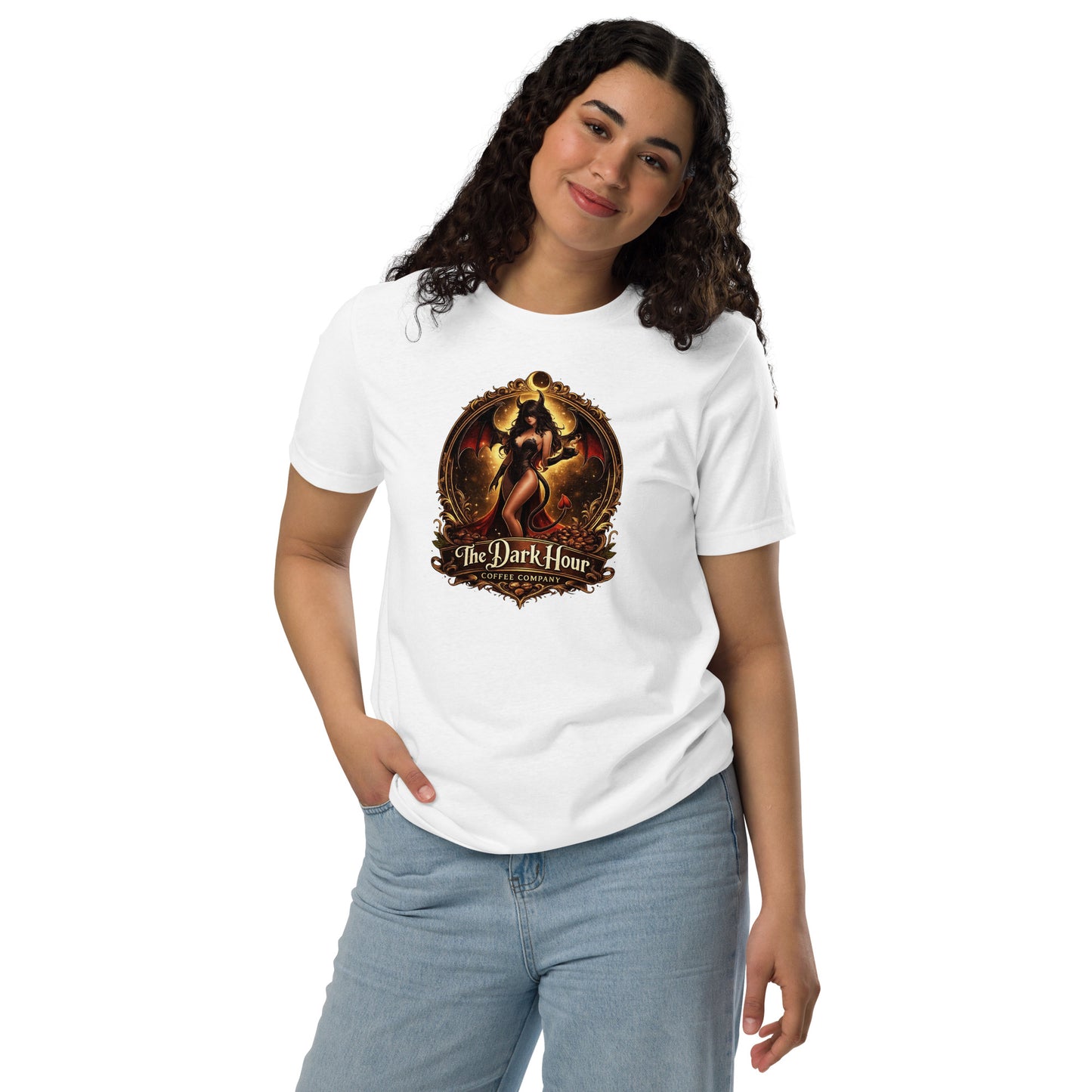 White unisex Staple Eco T-shirt by The Dark Hour Coffee Company displayed front view.