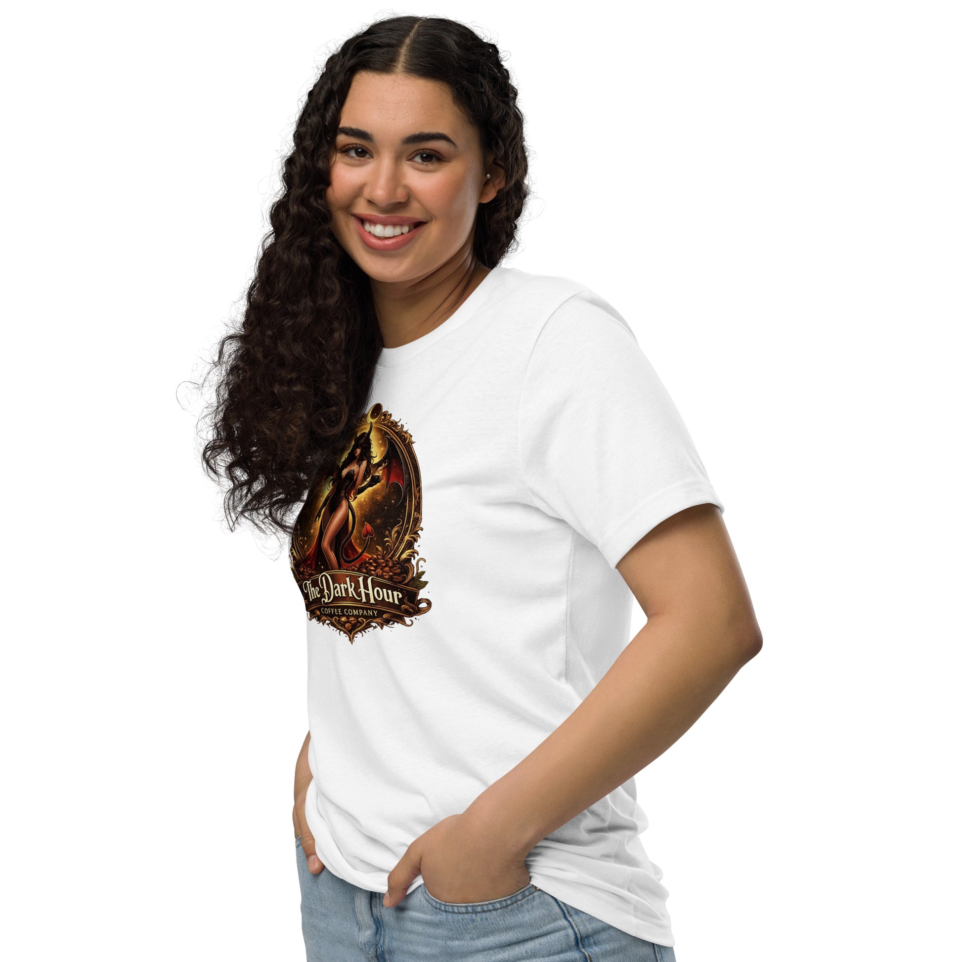 White unisex Staple Eco T-shirt by The Dark Hour Coffee Company, front view showing fit and simple design.