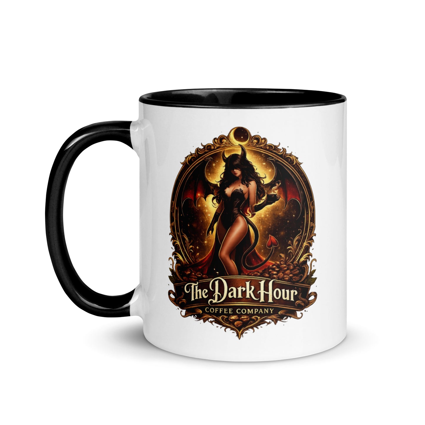 White ceramic coffee mug with a colorful interior and black exterior, 11 oz size, from The Dark Hour Coffee Company.