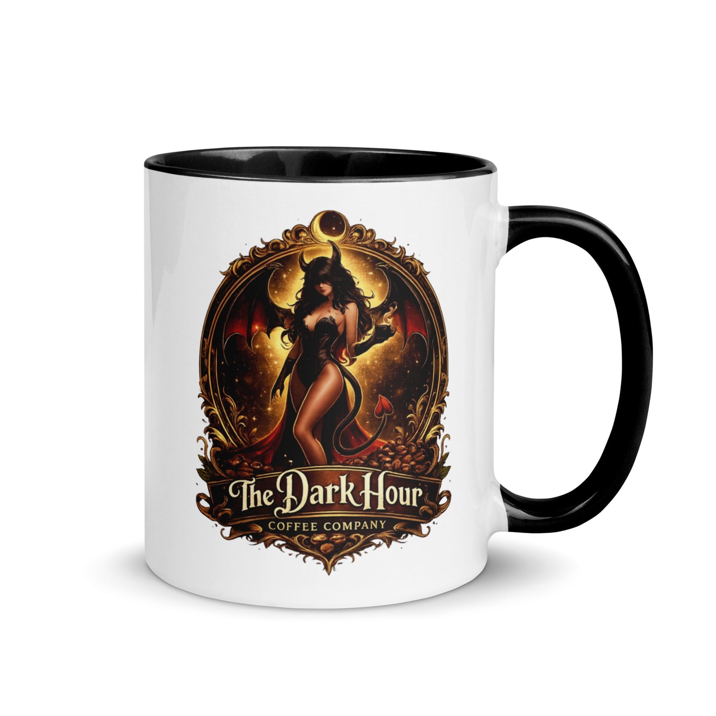 White ceramic coffee mug with a black interior and 11 oz capacity, by The Dark Hour Coffee Company.