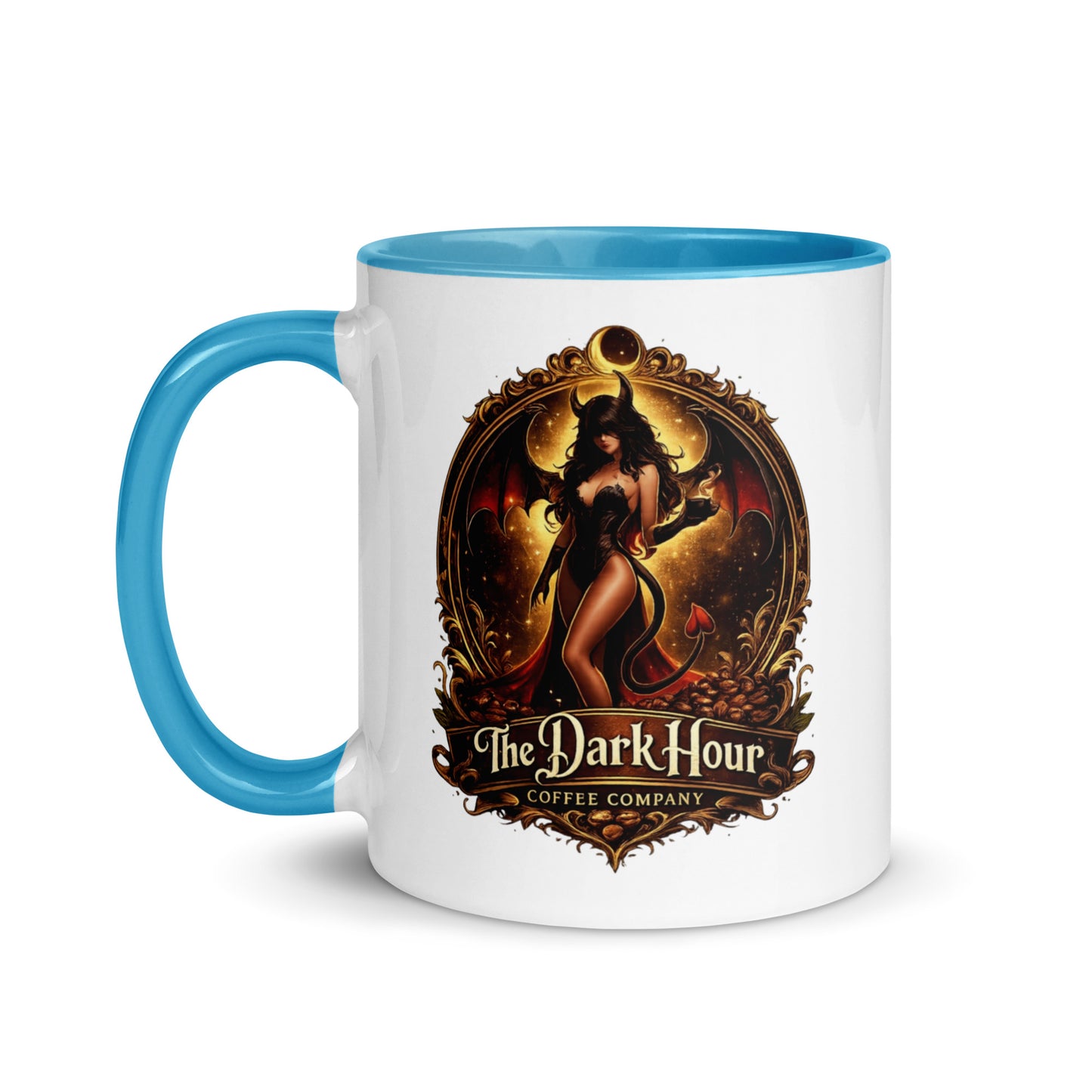 White ceramic mug with a blue interior, 11 oz capacity, from The Dark Hour Coffee Company, featuring a stylish color inside design.