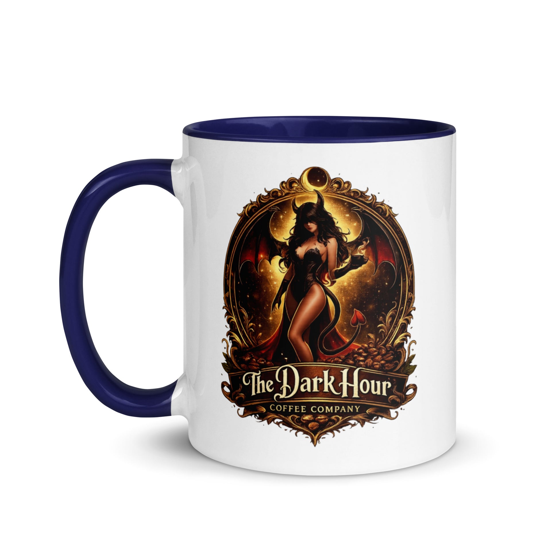 White ceramic mug with dark blue interior, 11 oz, from The Dark Hour Coffee Company.