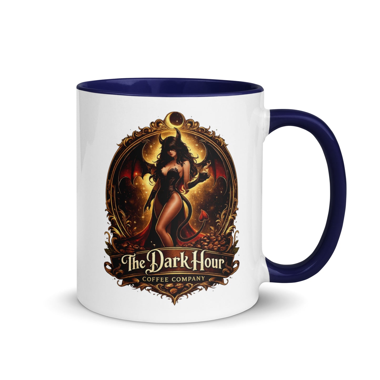 White ceramic mug with a dark blue interior, 11 oz size, from The Dark Hour Coffee Company.