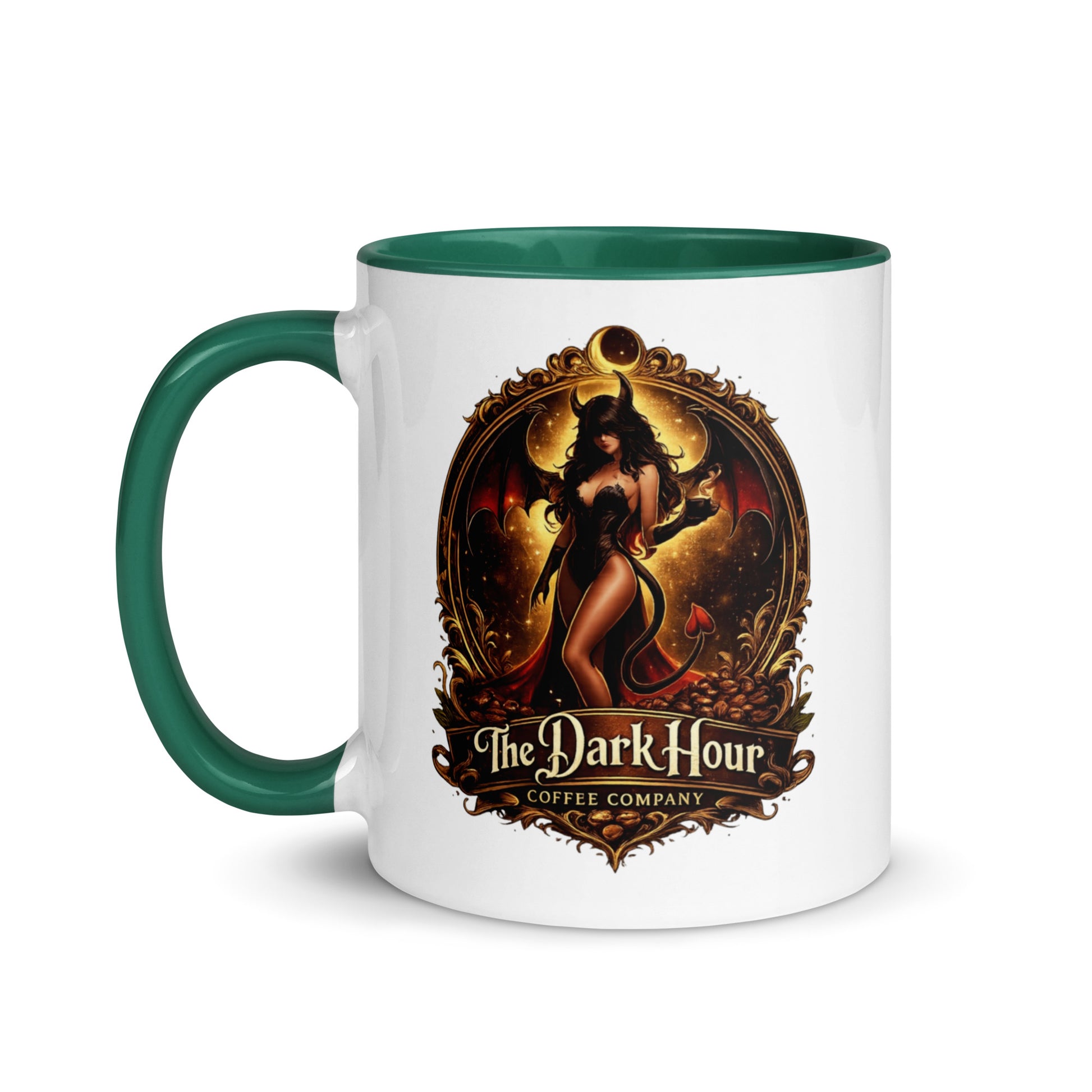 White ceramic mug with dark green interior, 11 oz, from The Dark Hour Coffee Company, featuring a sleek design.