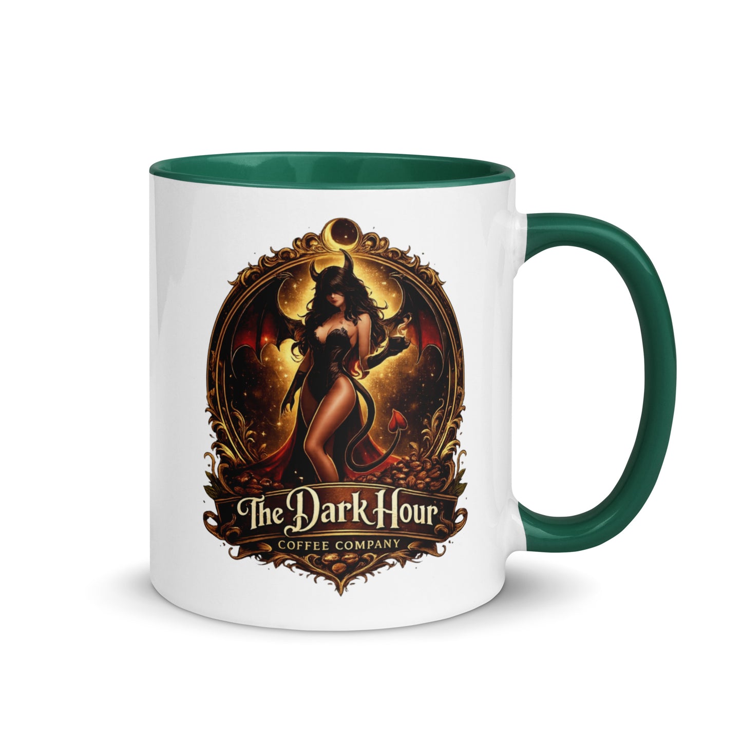 White ceramic mug with a dark green color inside, 11 oz, from The Dark Hour Coffee Company.