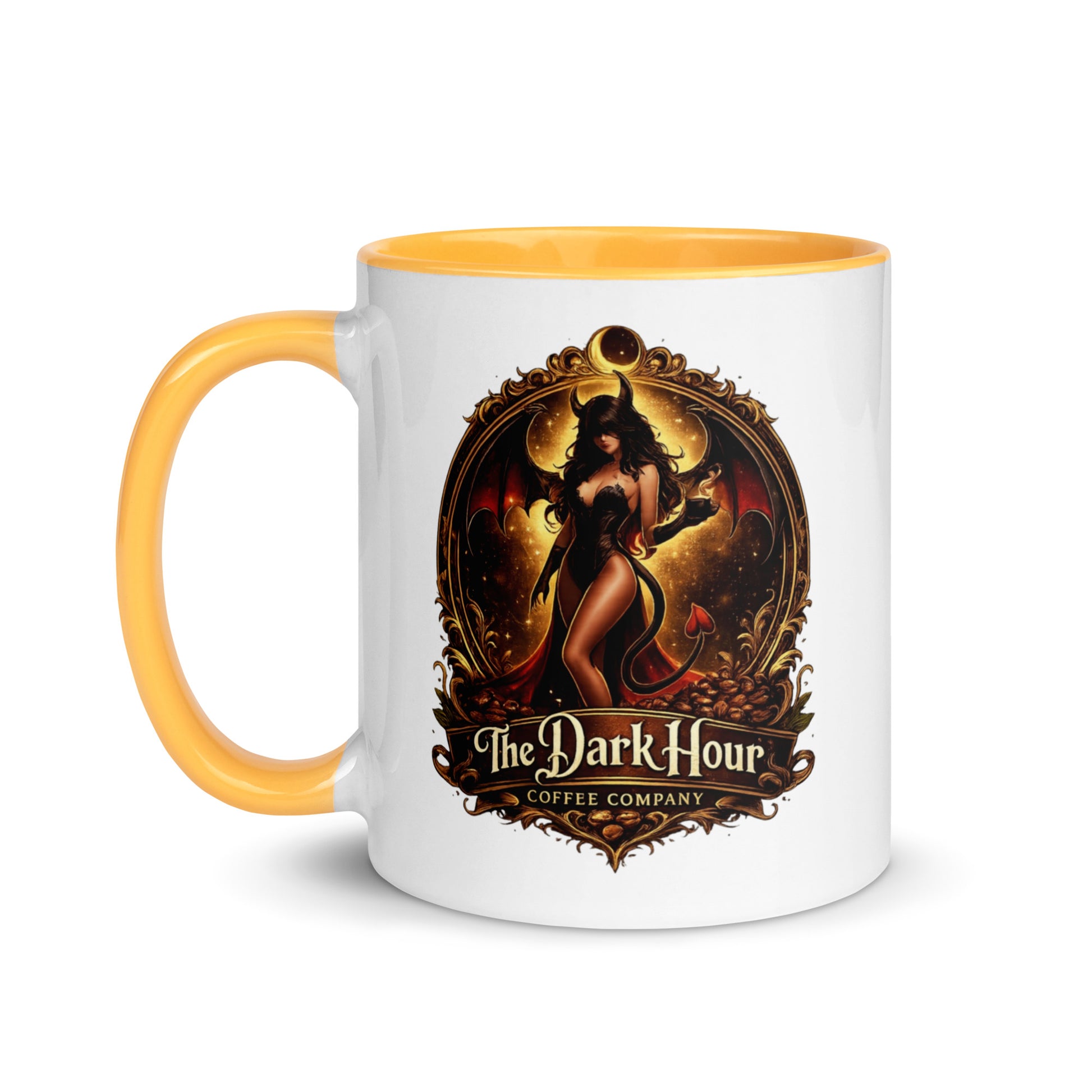 White ceramic mug with a golden yellow interior, 11 oz, from The Dark Hour Coffee Company.