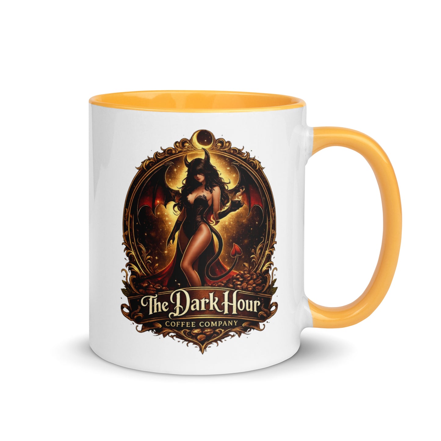 White ceramic mug with a golden yellow interior, 11 oz, from The Dark Hour Coffee Company, displayed on a white background.