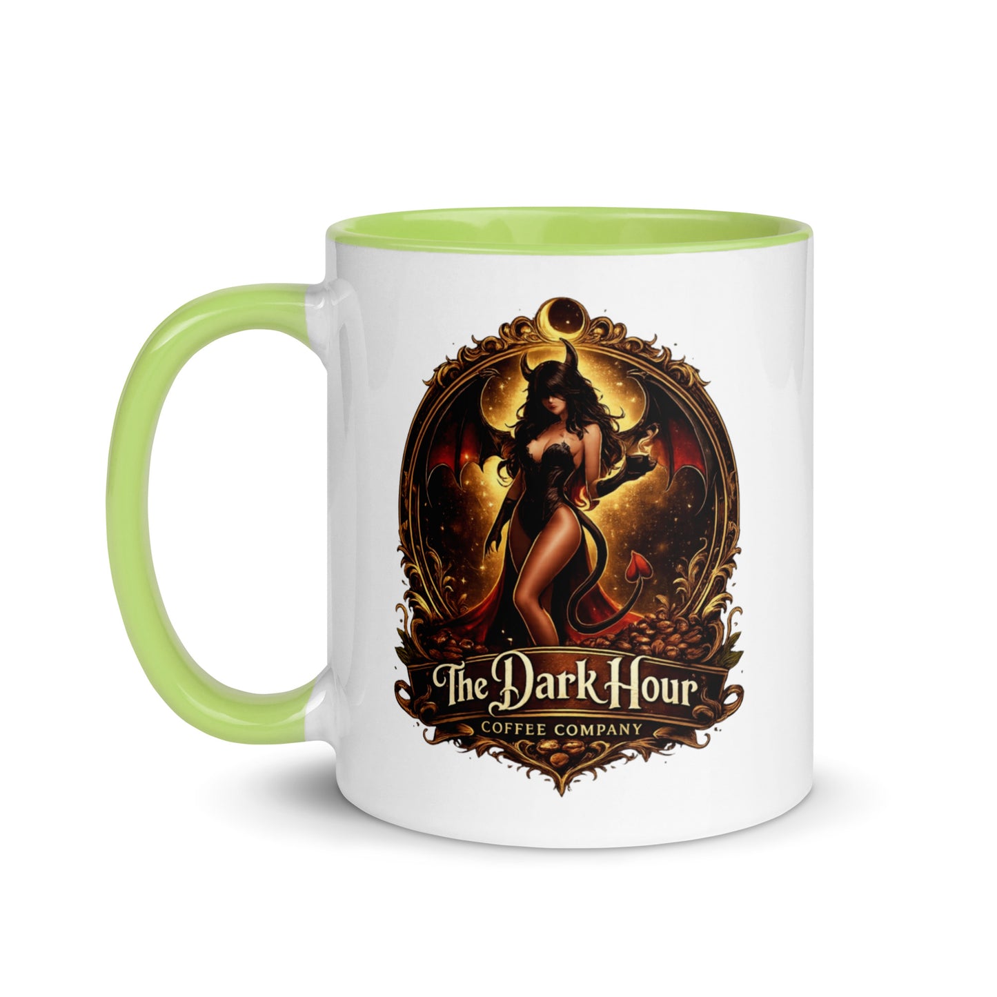 White ceramic mug with a vibrant green interior, 11 oz, from The Dark Hour Coffee Company.