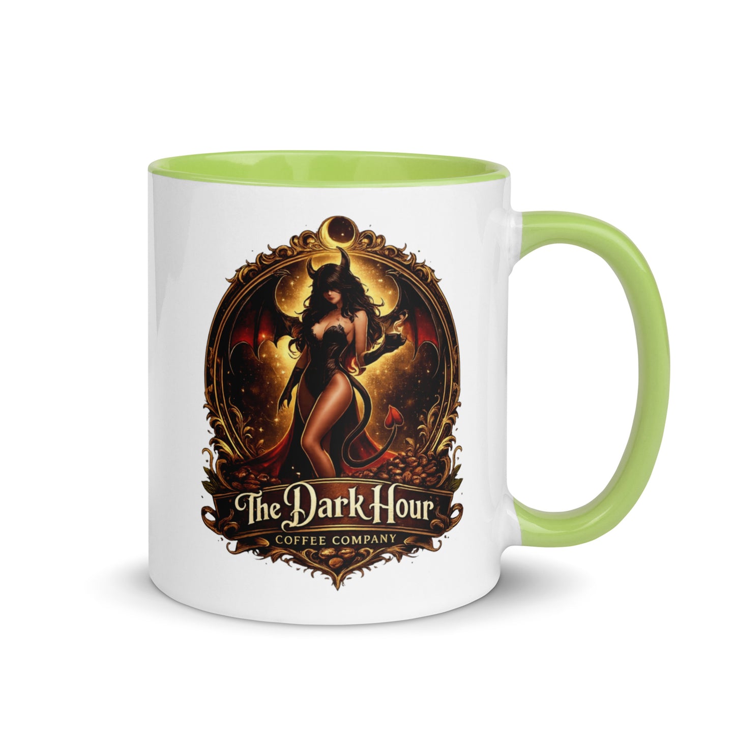 White ceramic mug with a vibrant green interior, 11 oz size, from The Dark Hour Coffee Company.