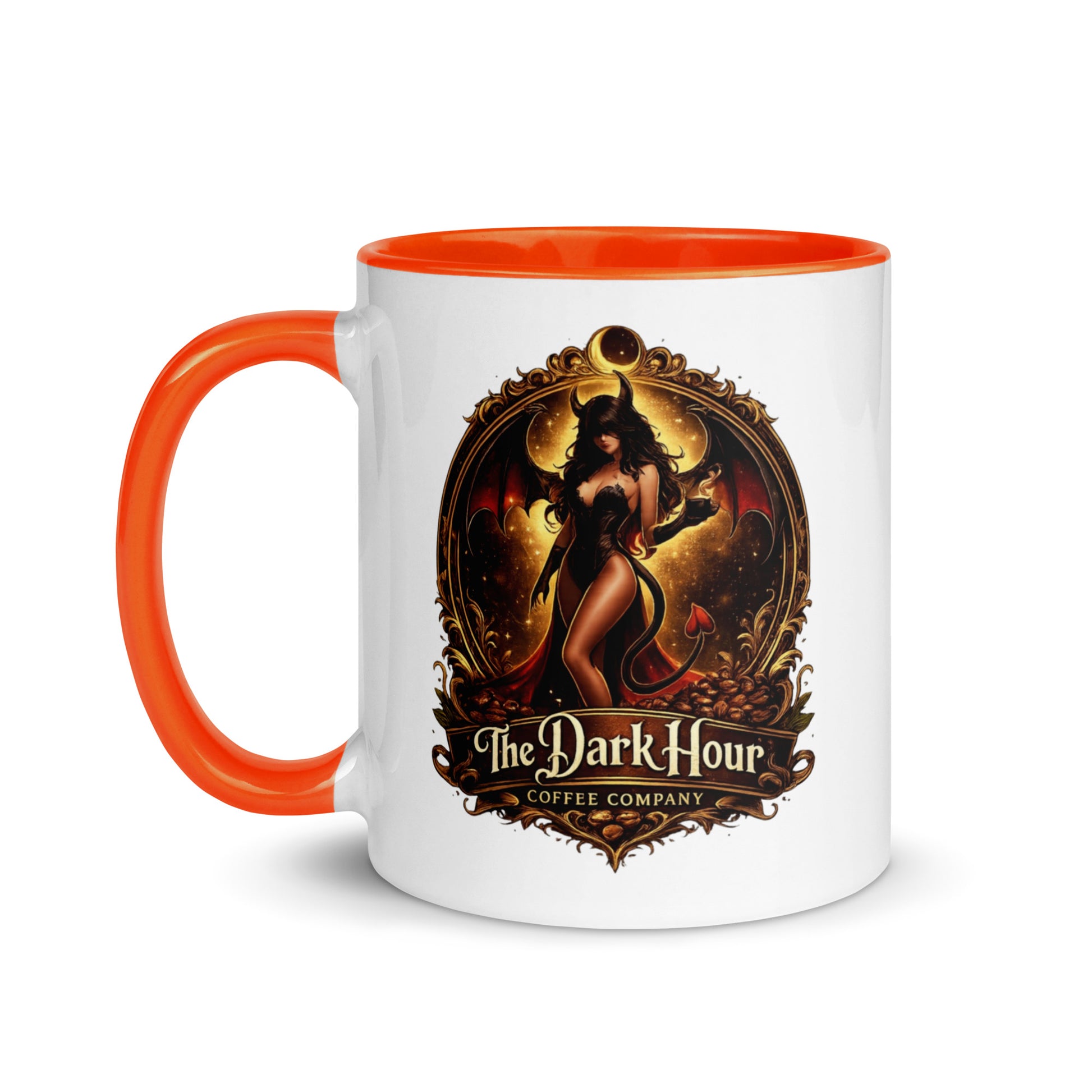 White ceramic mug with orange interior, 11 oz, from The Dark Hour Coffee Company, shown with the mug tilted to display the colorful inside.