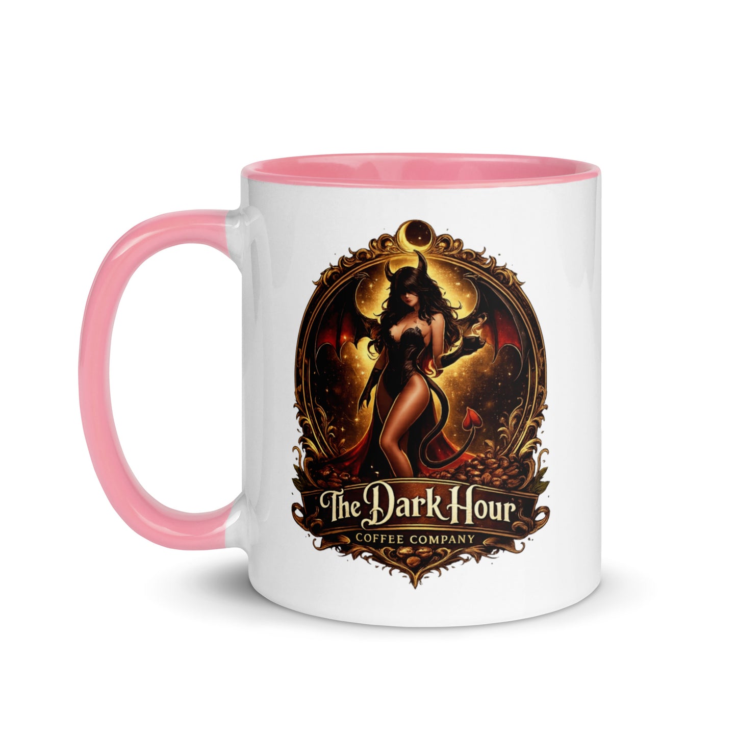 White ceramic mug with pink interior, 11 oz, from The Dark Hour Coffee Company featuring a colorful inside design.