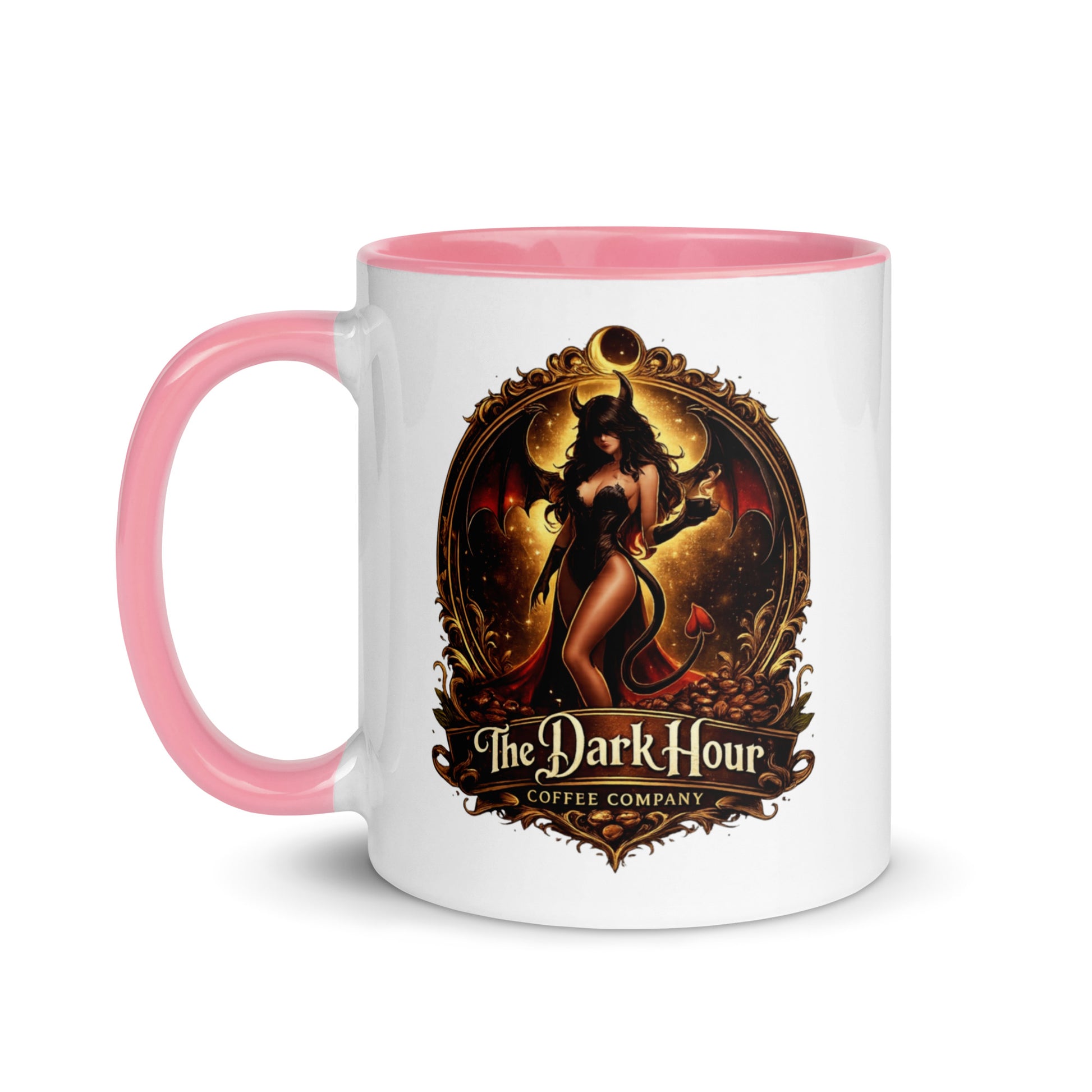 White ceramic mug with pink interior, 11 oz, from The Dark Hour Coffee Company featuring a colorful inside design.