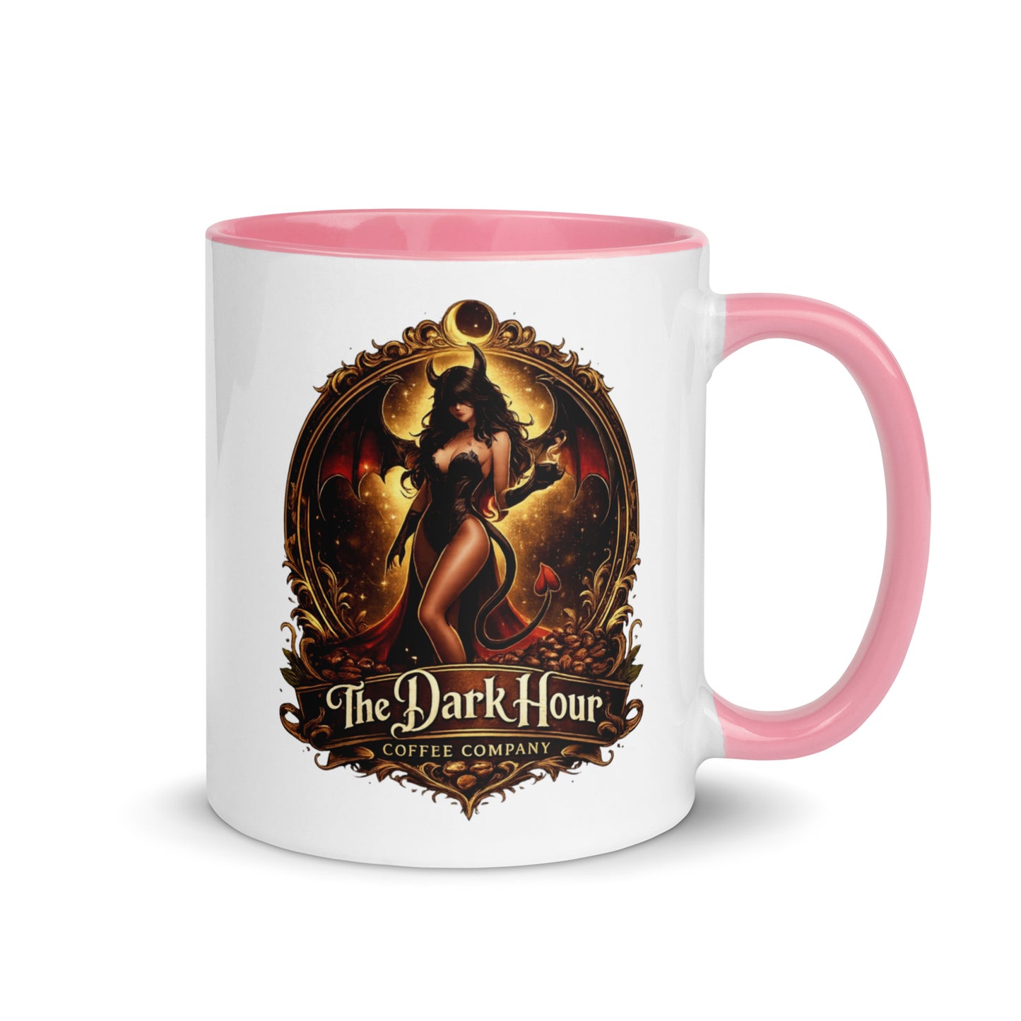 White ceramic mug with a pink interior, 11 oz size, from The Dark Hour Coffee Company.