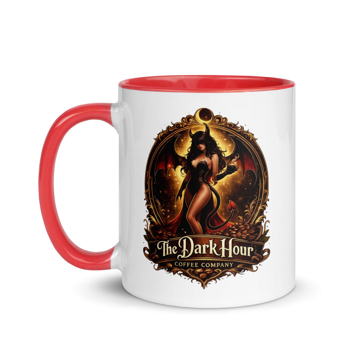 White ceramic mug with a vibrant red interior, 11 oz, from The Dark Hour Coffee Company, side view with handle visible.