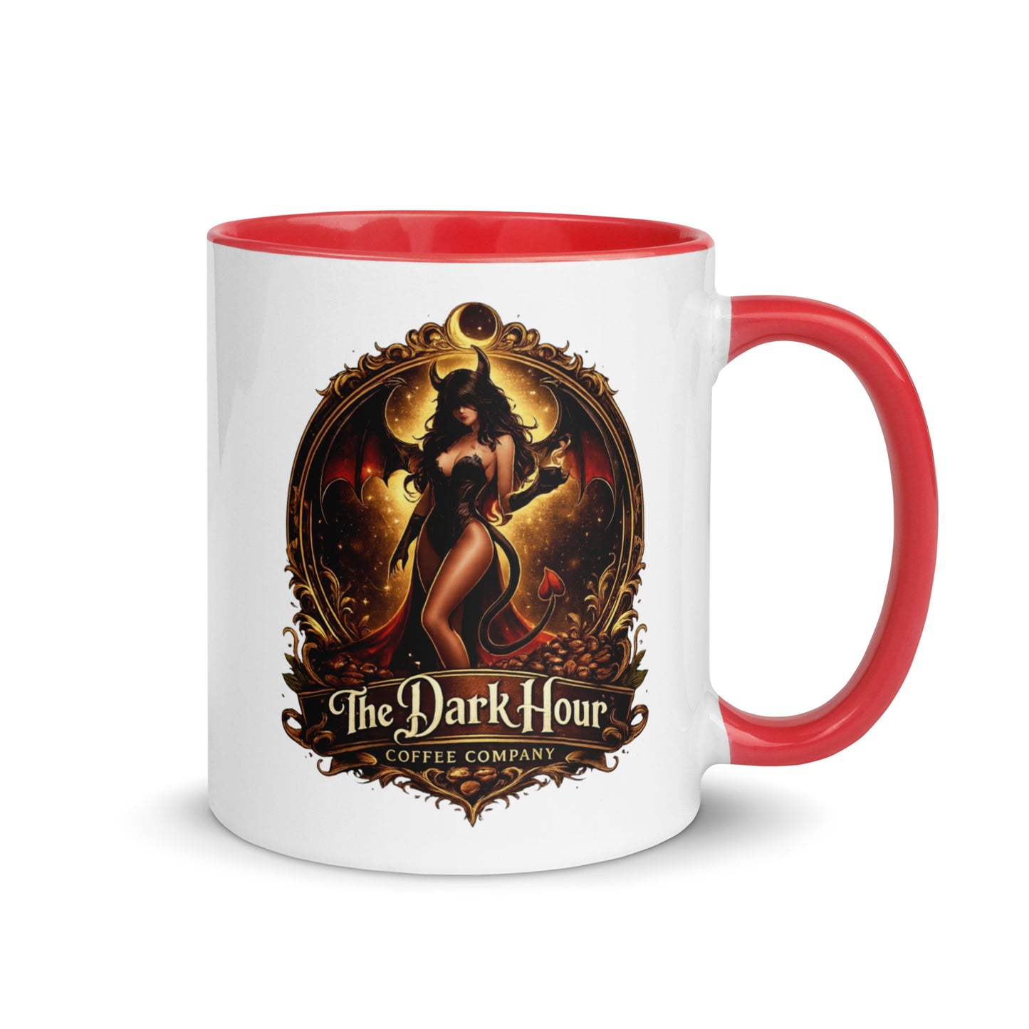 White ceramic coffee mug with a vibrant red interior, 11 oz, by The Dark Hour Coffee Company.