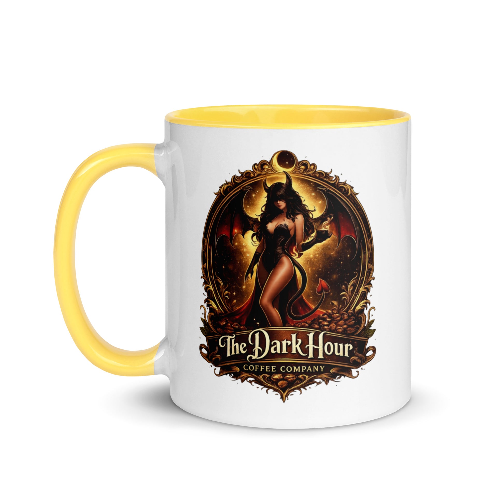 White ceramic mug with a bright yellow interior, 11 oz, from The Dark Hour Coffee Company.