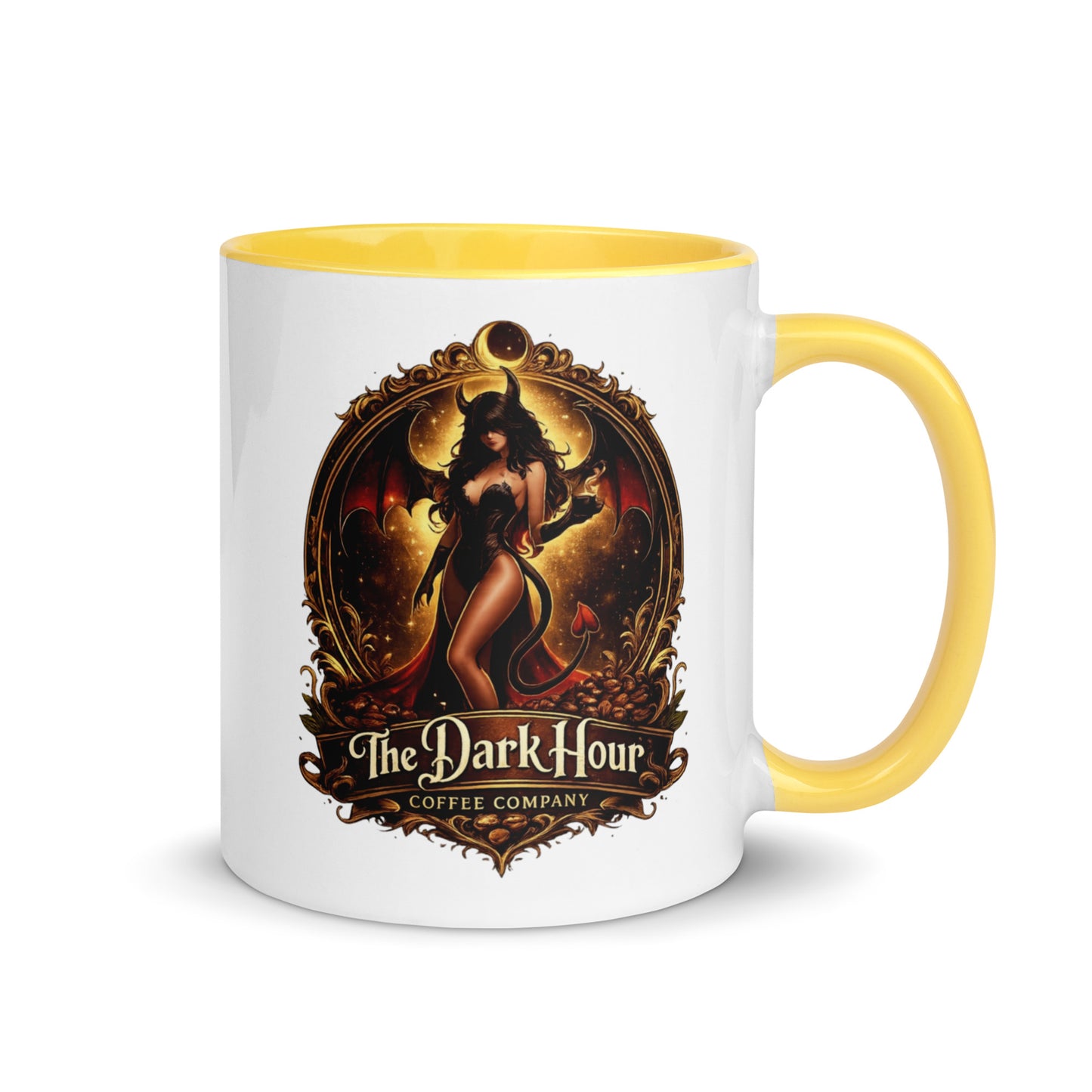 White ceramic mug with a bright yellow interior from The Dark Hour Coffee Company, 11 oz, shown from the right side.