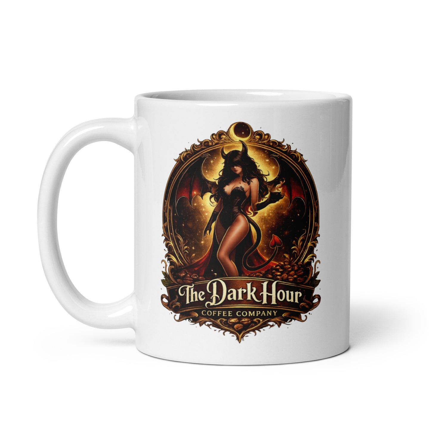 White glossy mug from The Dark Hour Coffee Company with a handle on the left, 11 oz capacity, ceramic finish.