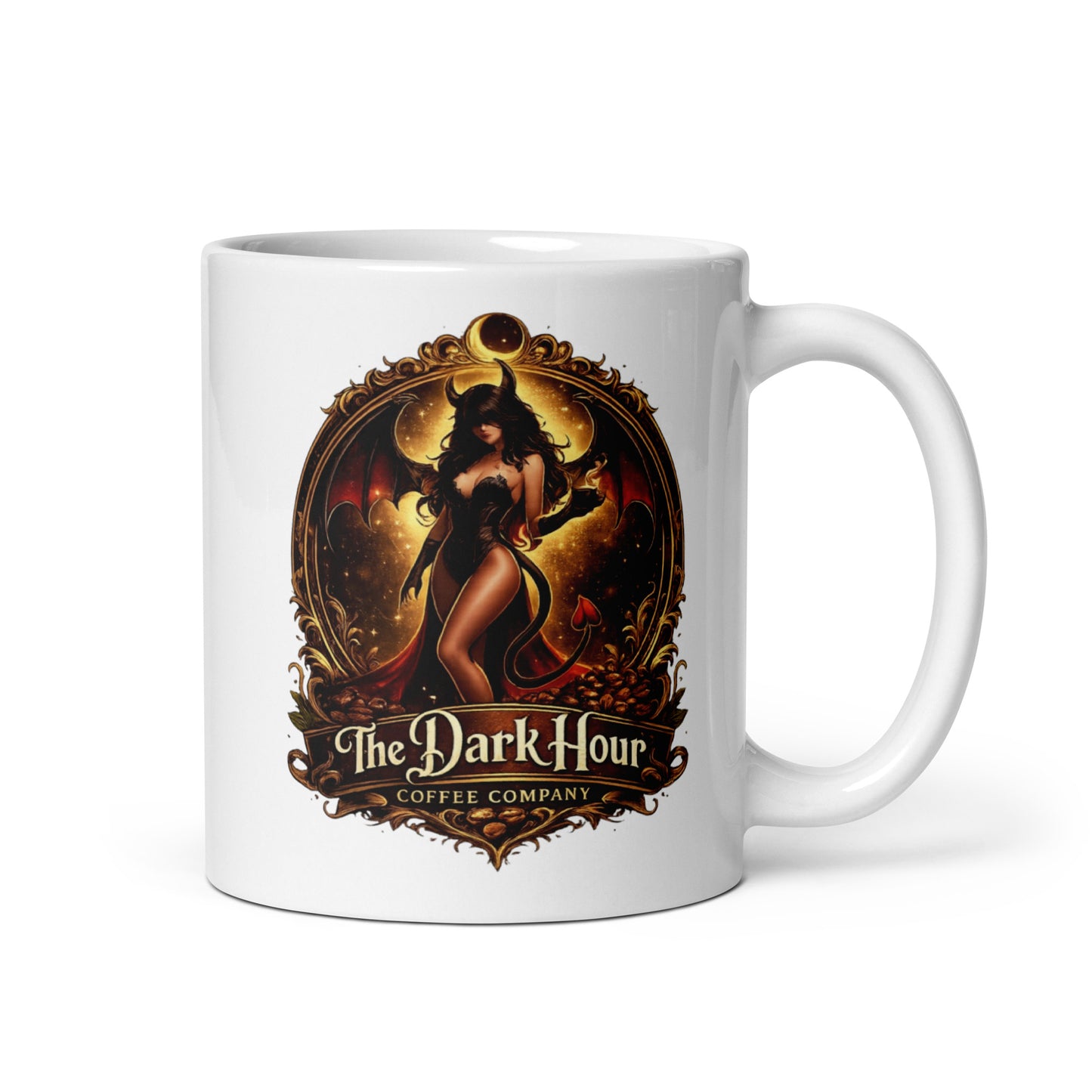 White glossy coffee mug with a handle on the right, 11 oz capacity, from The Dark Hour Coffee Company.