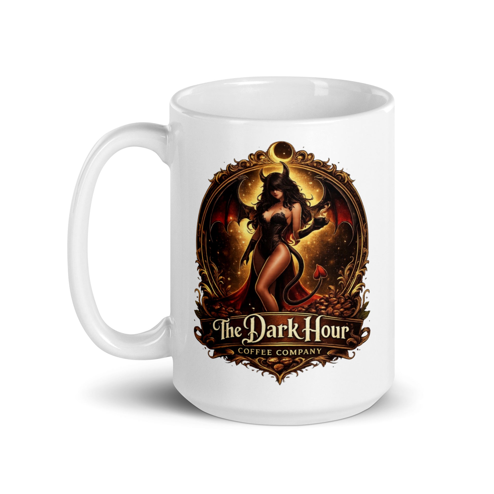 White glossy ceramic mug from The Dark Hour Coffee Company with a handle on the left, 15 oz capacity.