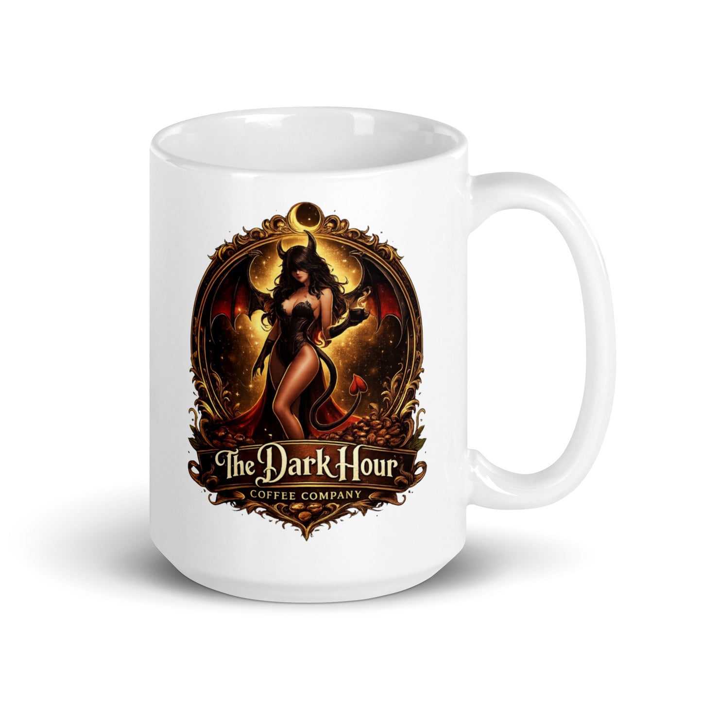White glossy coffee mug from The Dark Hour Coffee Company with a handle on the right, 15 oz capacity.