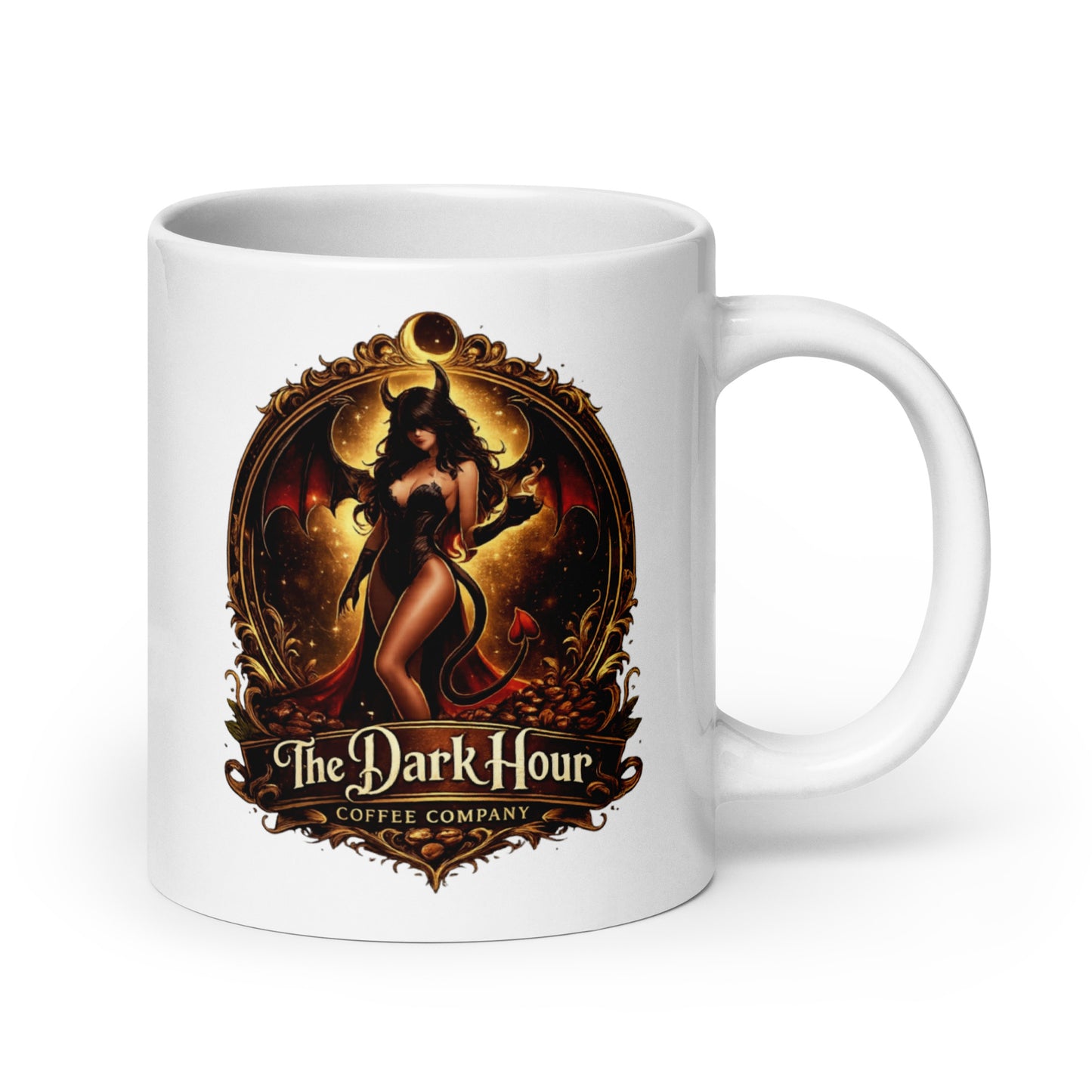 White glossy coffee mug with a handle on the right, 20 oz capacity, by The Dark Hour Coffee Company.