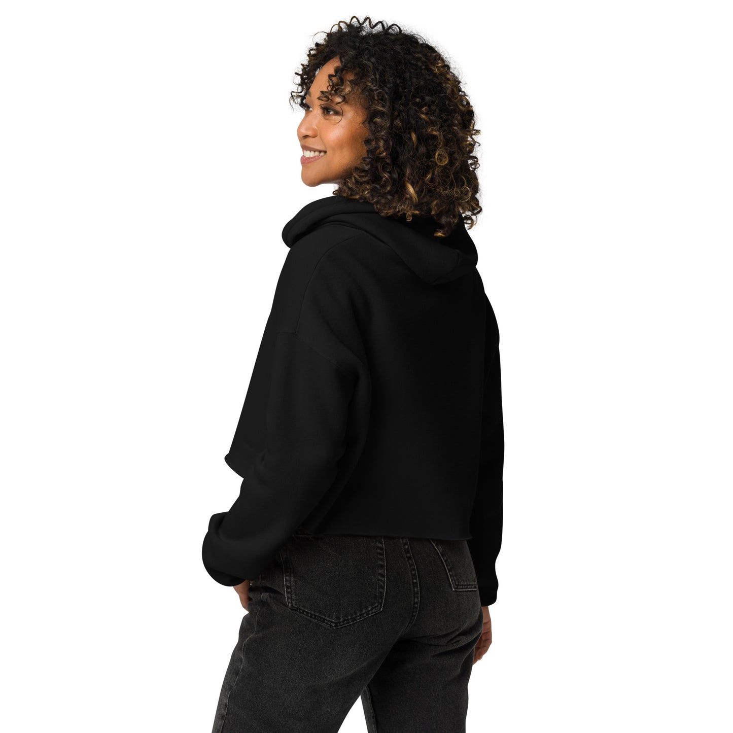 Black women's cropped hoodie from The Dark Hour Coffee Company, showcasing the back view with a relaxed fit and casual style.