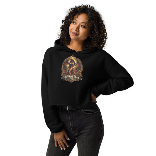 Black women's cropped hoodie from The Dark Hour Coffee Company, front view showing relaxed fit and soft fabric details.