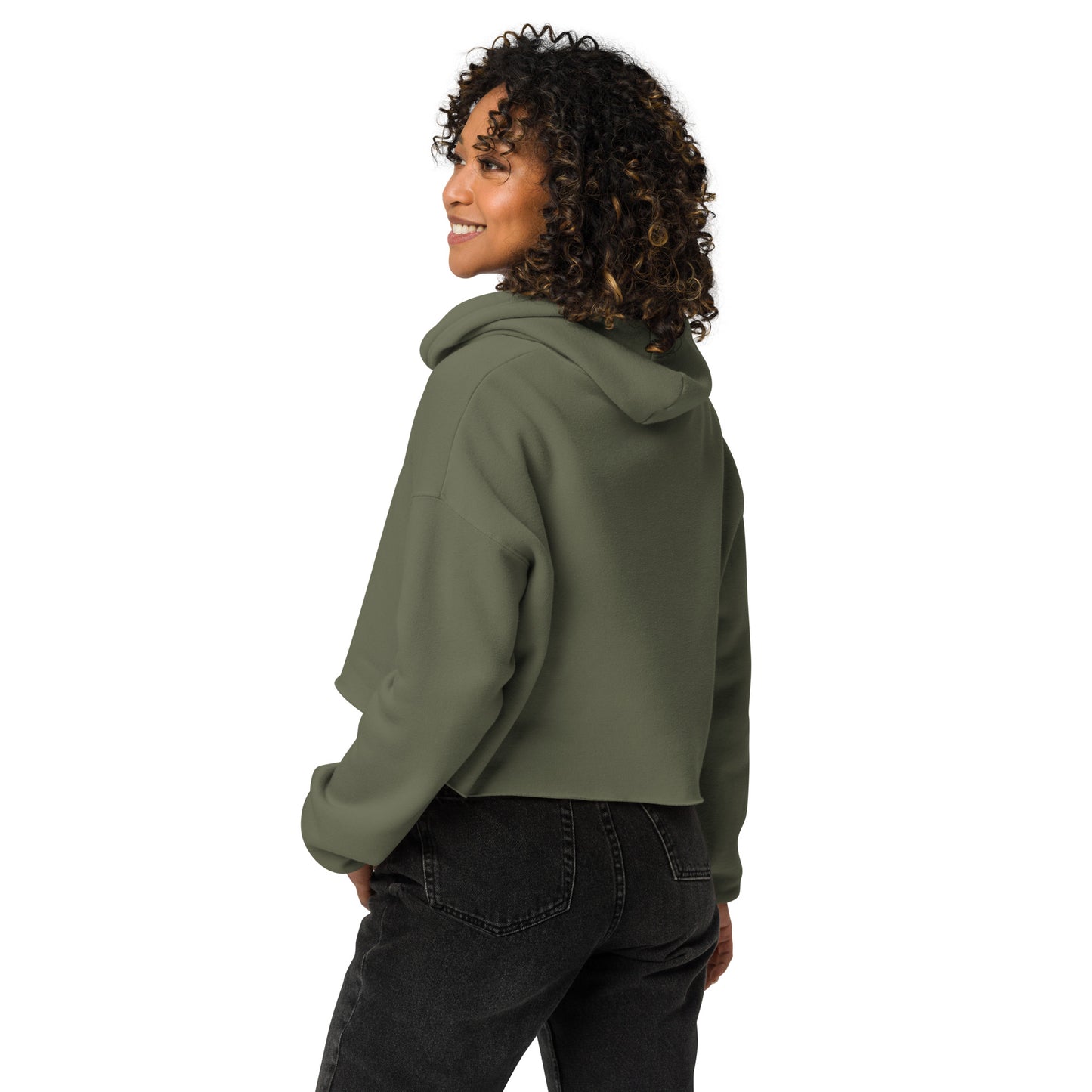 Women's cropped hoodie in military green from The Dark Hour Coffee Company, featuring a relaxed fit and back design.