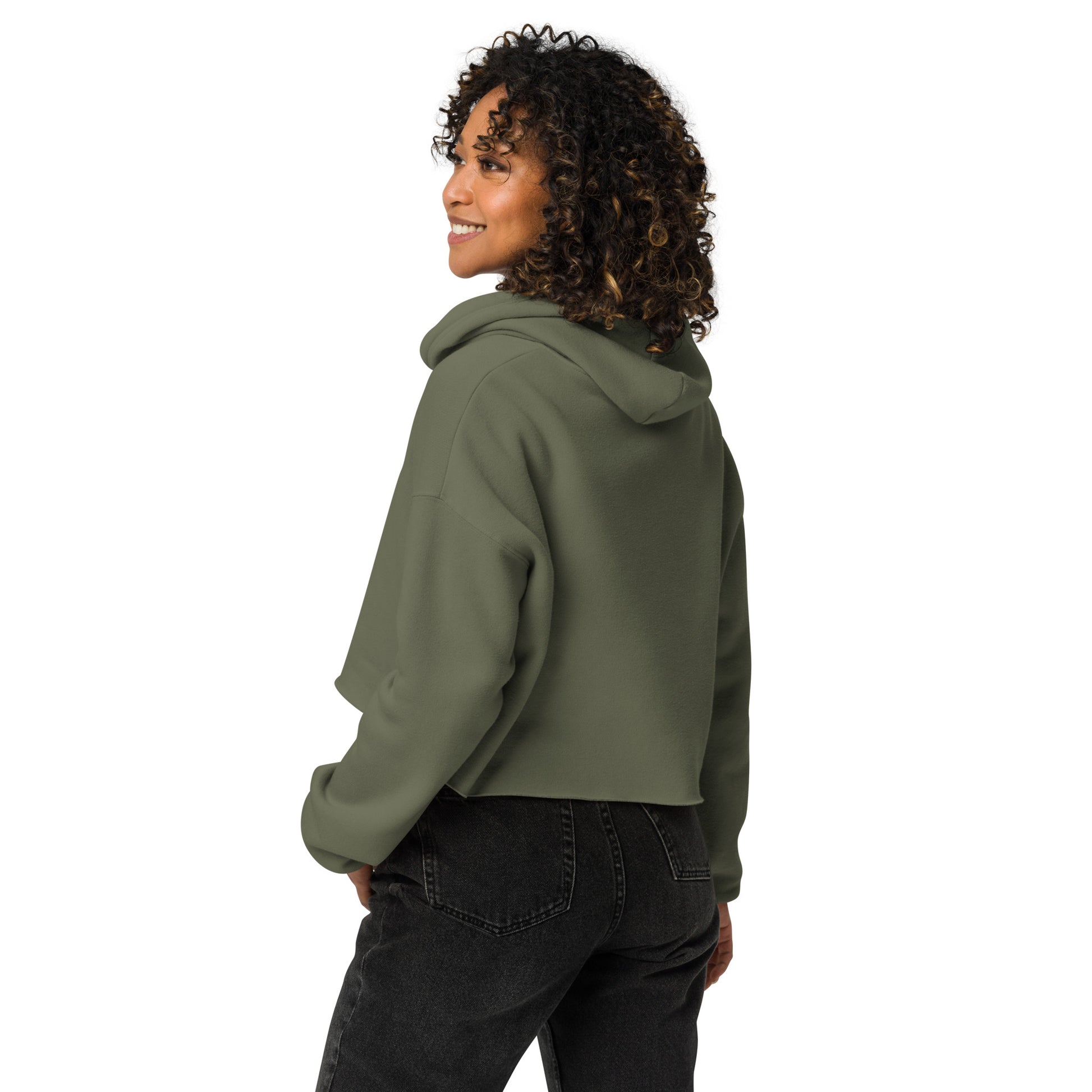 Women's cropped hoodie in military green from The Dark Hour Coffee Company, featuring a relaxed fit and back design.