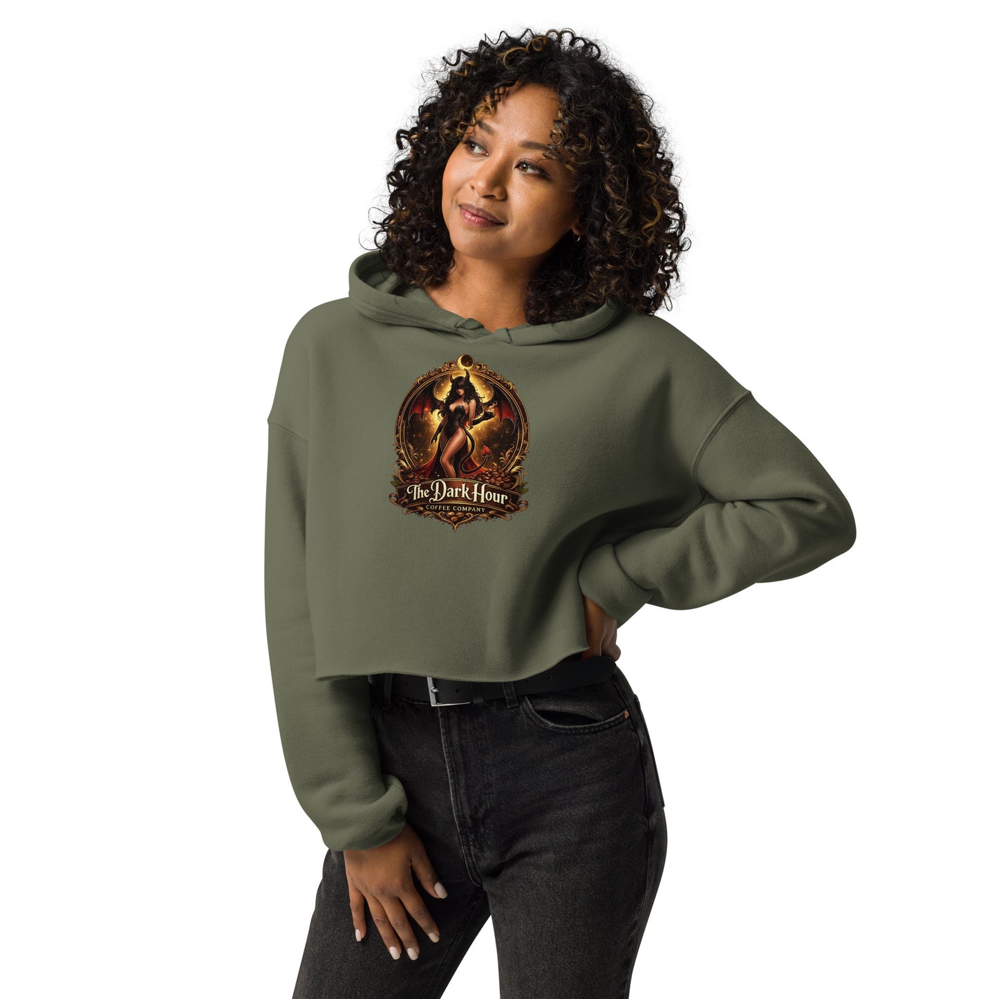 Women's military green cropped hoodie by The Dark Hour Coffee Company, front view showing relaxed fit and soft fabric.