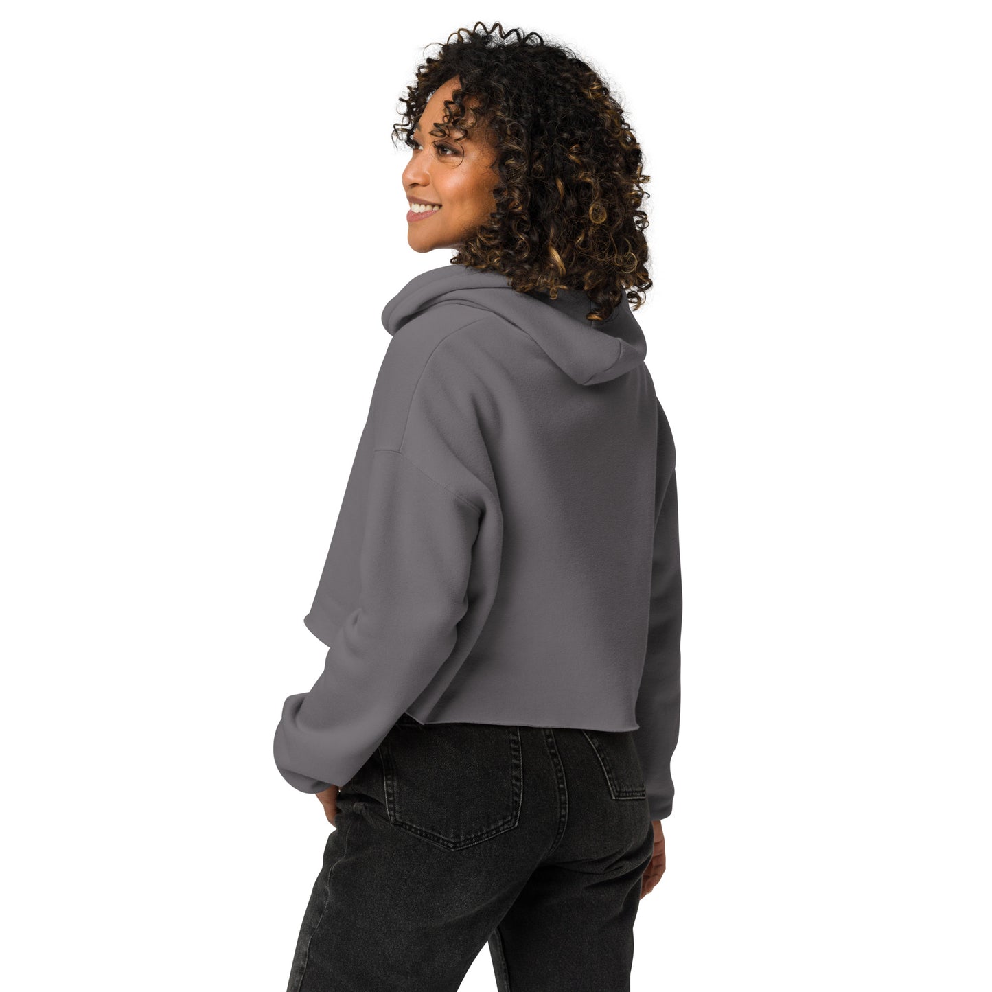 Women's cropped hoodie from The Dark Hour Coffee Company with storm-themed back design, casual and stylish for everyday wear.